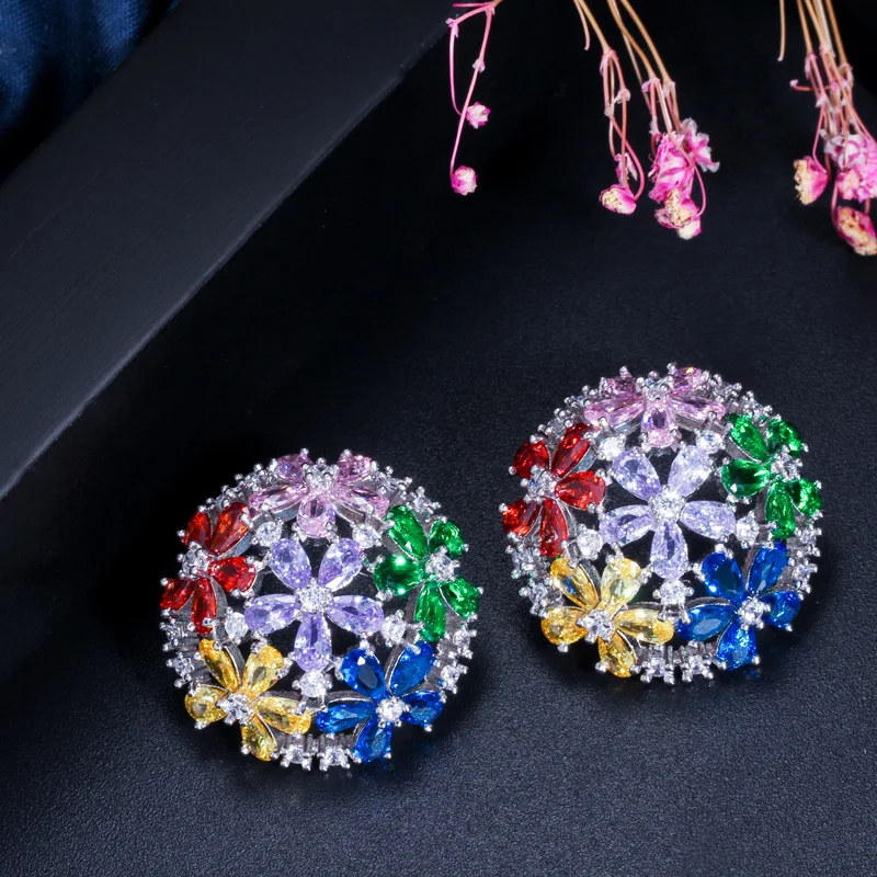 Pera Romantic Big Round Cute Hollow Out Colorful CZ Crystal Silver Color Flower Ball Stud Earrings for Women Party Jewelry E309