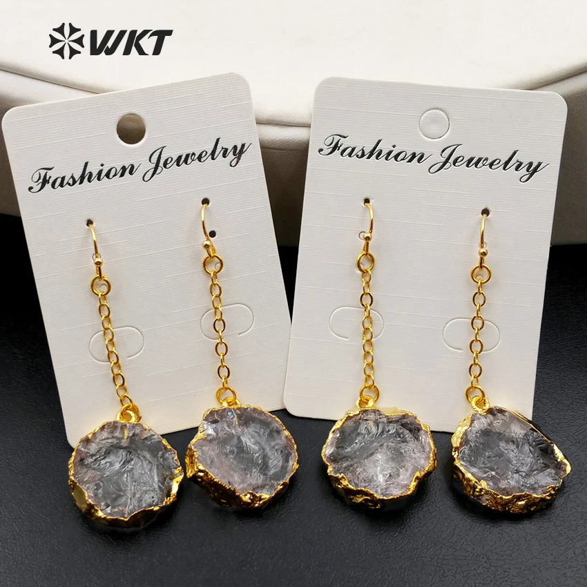 

WT-E363 WKT Jewelry Wholesale Custom Natural Crystal Hook Earring Clean Round Crystal Eardrop With Gold Trim Fashion Jewelry