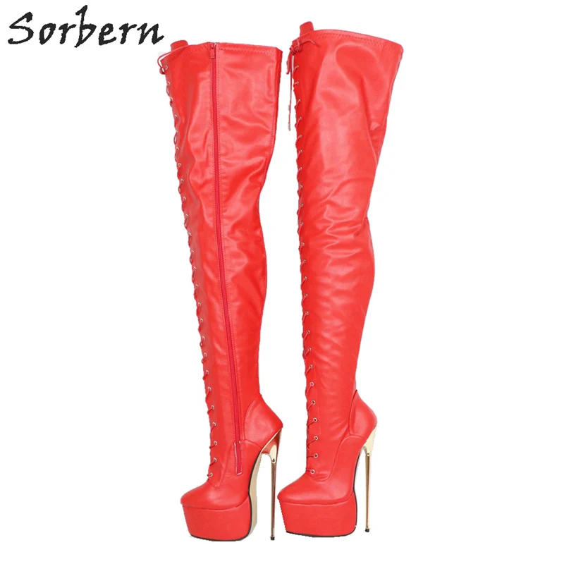 

Sorbern Red Matte Mid Thigh Boots For Women Metal High Heels Custom Shaft Length Width Thick Platform Shoe Long Boot Ladies Big