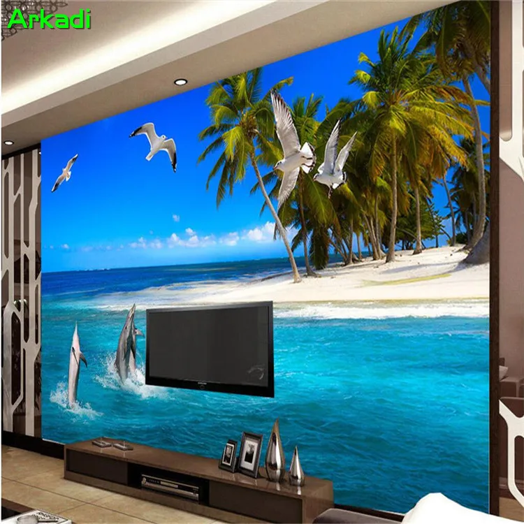 3d Mediterranean Landscape Wallpaper Sea Beach Coco Dolphin Mural TV Sofa Living room Wall Wallpaper Wallcovering