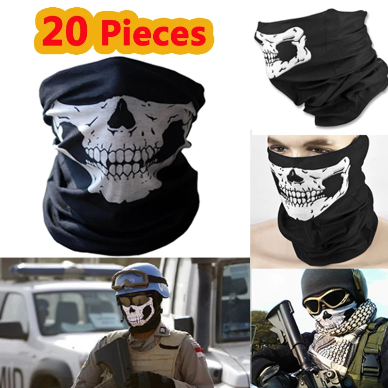 20 PCS Skull Face Mask Scary Funny Black Motorcycle Mask Headwear Scarf Ski Mask Breathable Multifunction Motorcycle Face Mask