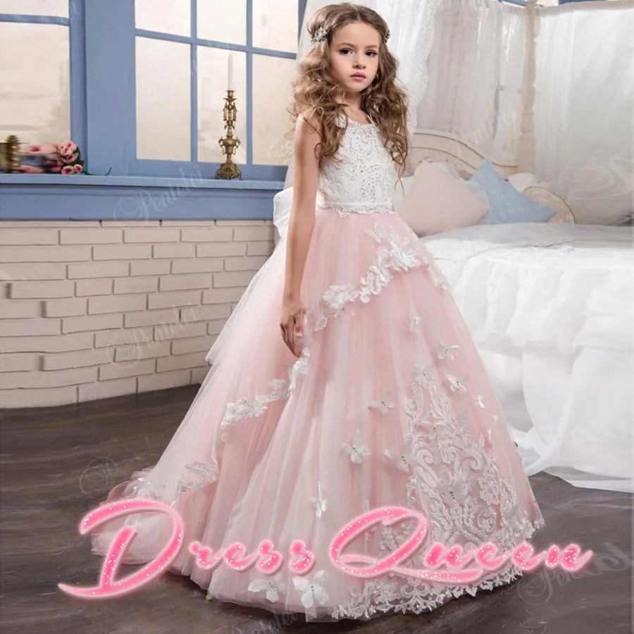 

2021 New Arrival Pink Lace Flower Girl Dress For Wedding Tulle Appliques First Communion Dresses Ball Gown Vestidos Longo Custom