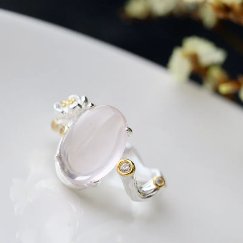 

Retro Thai Silver Wholesale Inlaid Natural Pink Crystal S925 Sterling Silver Rings Women's Silver Vintage Open Ended Rings