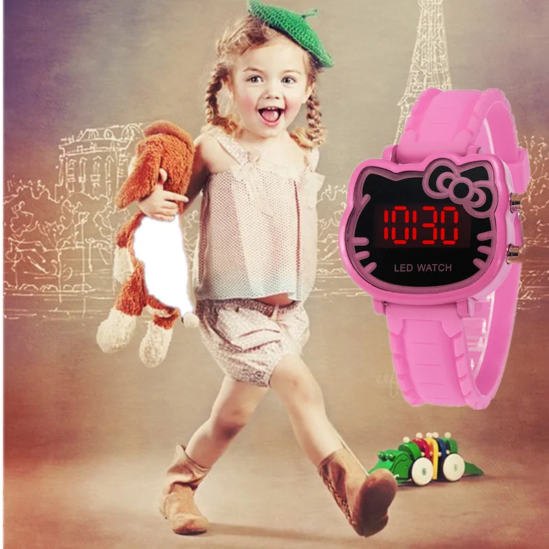 Kids Watches Children's Fashion Watch Girl Cartoon Waterproof Cute KT Cat LED Glowing Child Student Girl Electronic Watch