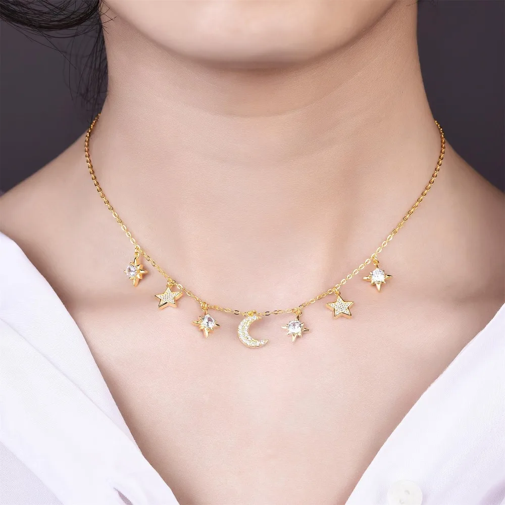 Thời Trang Mới Thả Ngôi Sao Và Mặt Trăng Vòng Cổ Choker Ngôi Sao Vàng Vòng Cổ Mặt Trăng Dây Bạc 925 Nữ Cổ Collier Ras du Cou