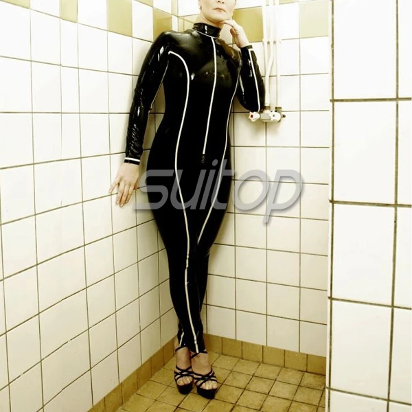 Women's fashion latex garment rubber caitsuit in black and white trim with back zip to waist