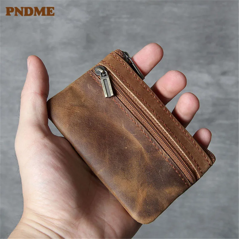 PNDME ultra-thin genuine leather coin purse mini men card bag simple retro cowhide zipper small key wallets ID Holders for women