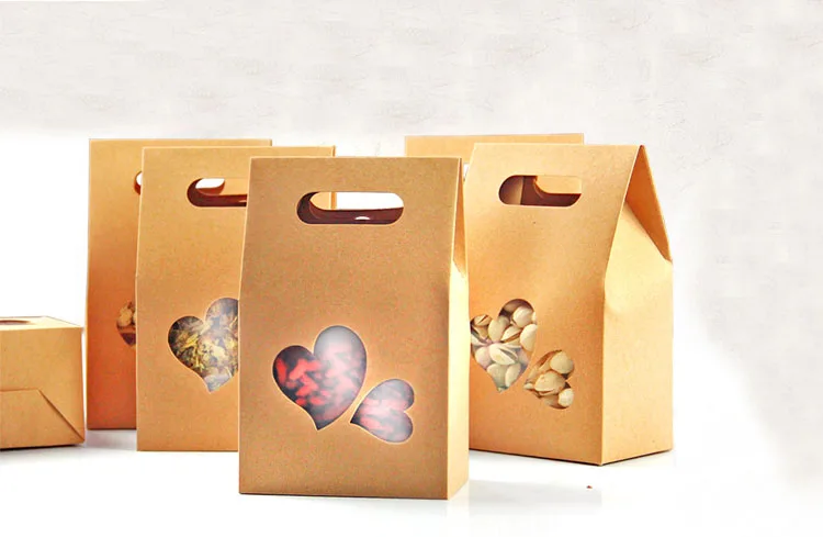 10*15.5*6cm 1000pcs/lot Stand Up Window Kraft Paper Bag Party Gift Packing Box Cookie/Candy/Nuts Bag/DIY Gift Handle Packing Box