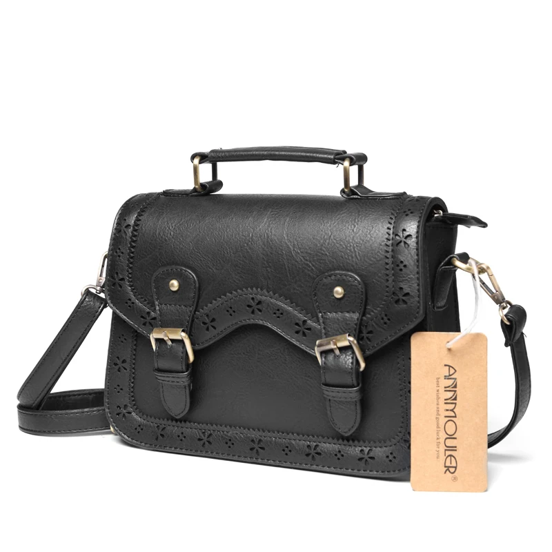 Annmouler High Quality Women Crossbody Bag Vintage Shoulder Bag Black Small Handbags Pu Leather Satchel Bag HollowOut Briefcase