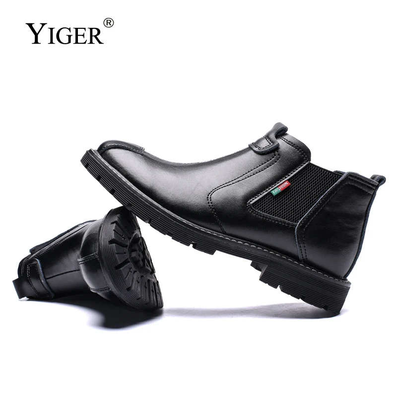 YIGER New Men Chelsea boots Genuine leather men Basic boots man ankle boots winter warm with fur male slip-on Brush shoes 2023