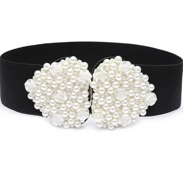 Women's runway fashion pearl beaded elastic Cummerbunds female Dress Corsets Waistband Belts decoration wide belt R1468