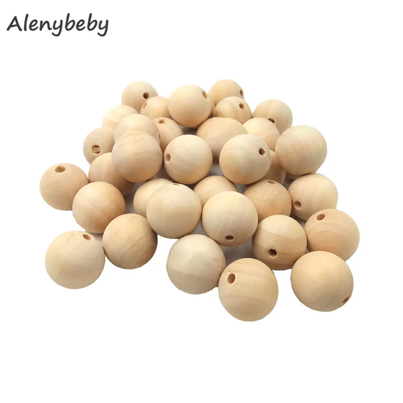 100pcs Natural Wooden Round Beads Teether DIY Teething Necklace Bracelet Beads Accessories&Crafts Baby Teether Hanging Materials