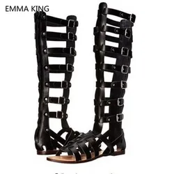 Punk Style Sexy Women Knee High Flat Sandals Open Toe Buckle Strap Ladies Casual Gladiator Shoes Woman Summer Roman Sandals Boot