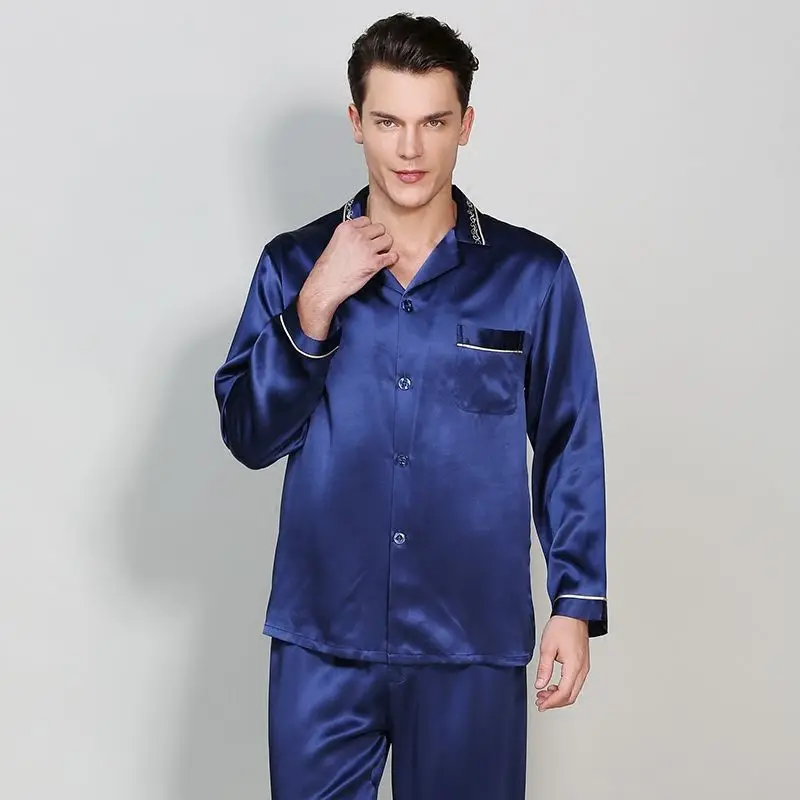 Pyjama en soie véritable pour homme, ensemble deux pièces à manches longues, vêtements de nuit décontractés, pour la maison, printemps-automne,