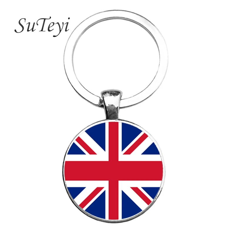 United Kingdom British Chile Flag Keychain Handmade Round Dome Glass Key Chain Keyring For Men Women