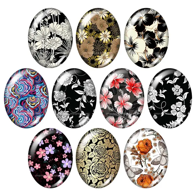 Beauty Flowers Painting Patterns 13x18mm/18x25mm/30x40mm mixed Oval photo glass cabochon demo flat back Jewelry findings