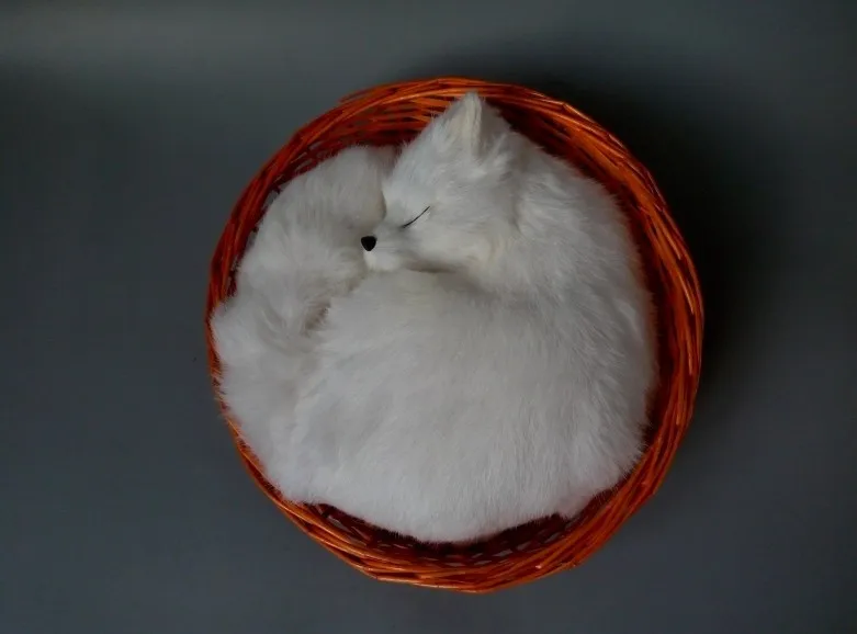 large 28x28cm simulation sleeping fox toy with basket lifelike white fox model decoration gift t156