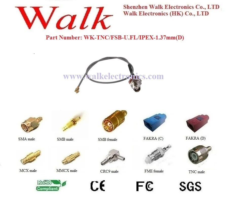 RF cable assembly: TNC female straight bulkhead to U.FL/IPEX female right angle with 1.37mm(D) cable