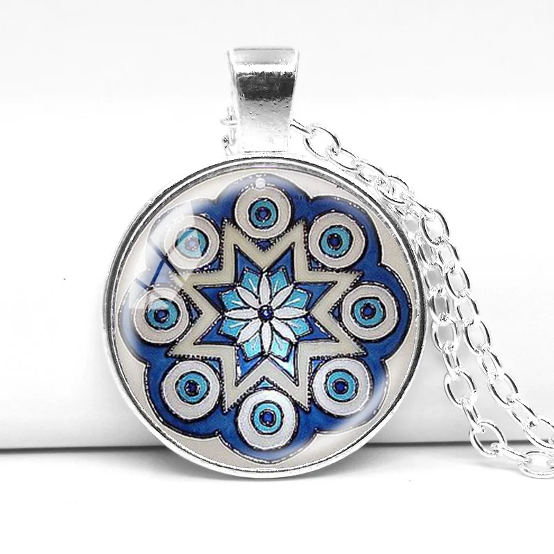 Om Mandala Necklace Yoga Jewelry silver color Chain Blue Kaleidoscope Buddhism Henna pendant 2017