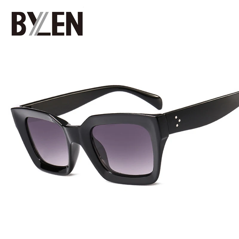 BYLEN Square Small Retro Sunglasses Women Cat Eye Brand Designer Sun Glasses 90s Ladies Rivet Clear Shades Eyeglasses UV400