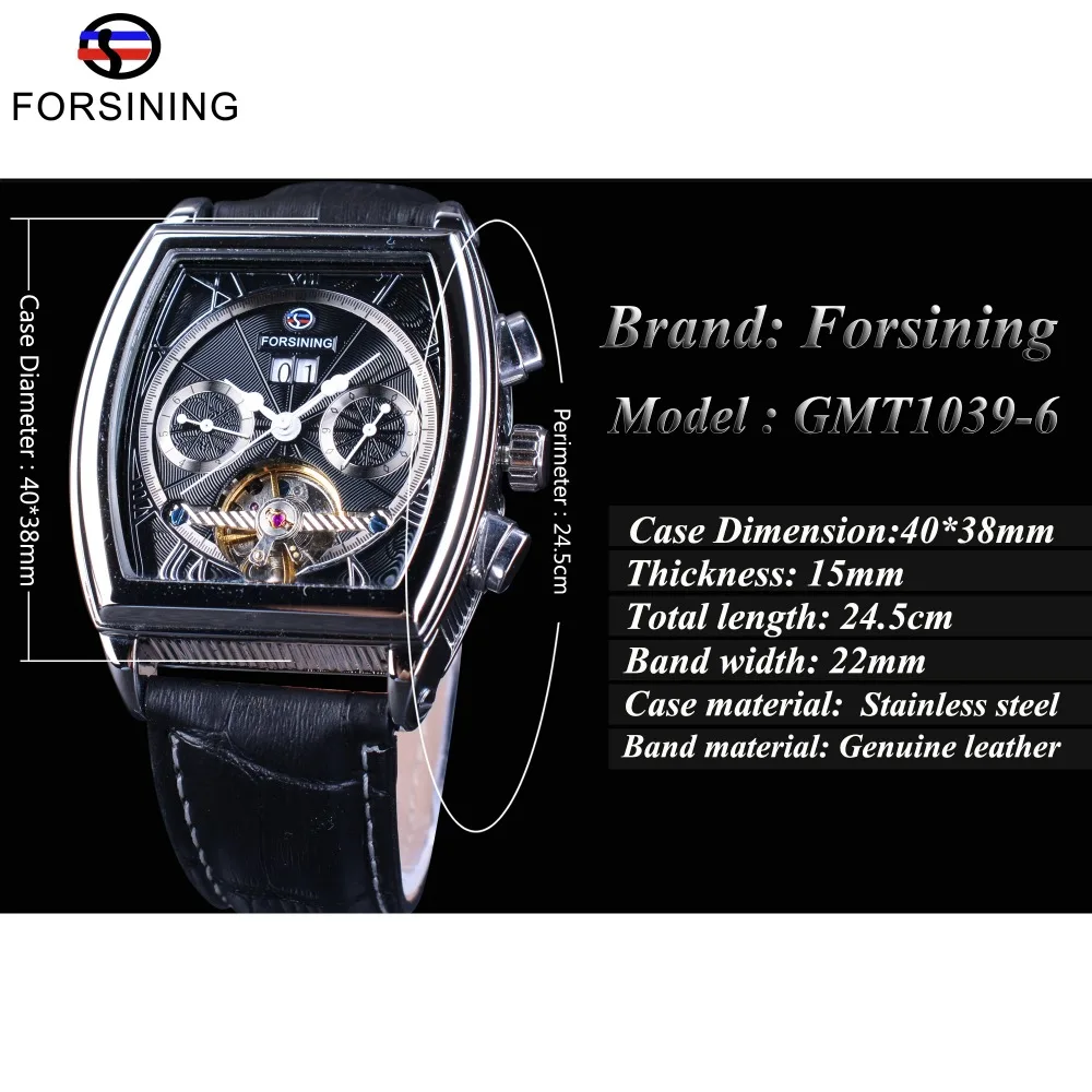 Forsining multifuncional retro série retângulo dial cinto genuíno tourbillion design masculino relógios automáticos marca superior relógio de luxo