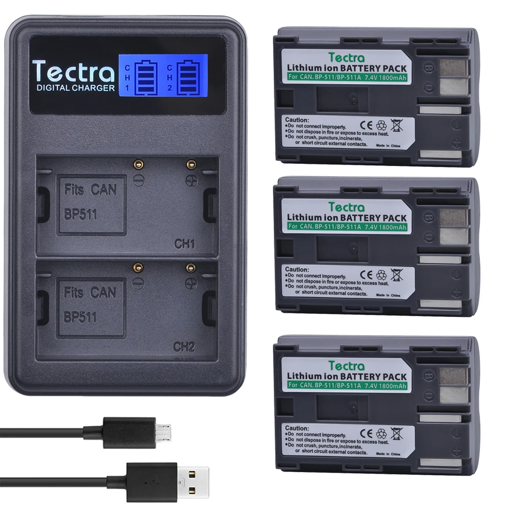 Tectra 3 x BP-511 BP-511A BP 511 Li-ion Battery + LCD USB Dual Charger for Canon G6 G5 G3 G2 G1 EOS 300D 50D 40D 30D 20D 5D