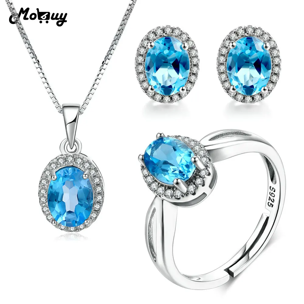 MoBuy 5pcs Natural Gemstone Blue Classic Topaz 4pcs Jewelry Sets 100% 925 Sterling Silver For Women Party Fine Jewelry V039ENR