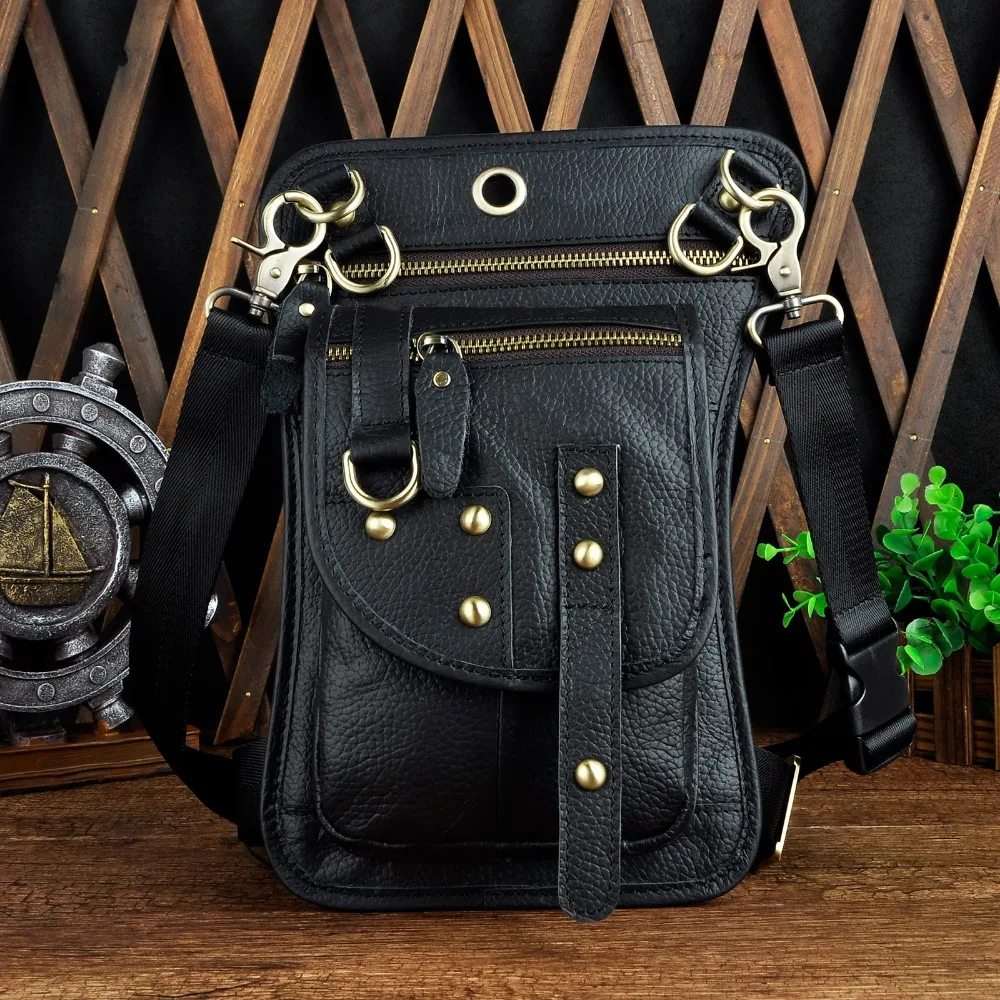 Genuine Leather Design Mens Small Casual Messenger Mochila Bag Fashion Travel Belt Waist Pack Drop Leg Bag Tablets Pouch 2141-b