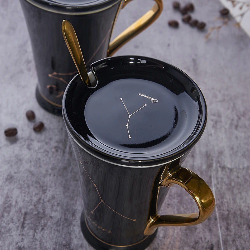 Constellation Theme Ceramic Coffee Mug with Lid and Spoon, Christmas Gift for Friends, L2283