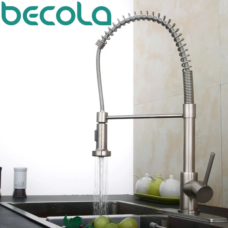 

Becola Hot And Cold Water Brushed Nickel Swivel Kitchen Faucet Pull Out Down Two Function Water Outlet Sink Mixer Tap B-8003L