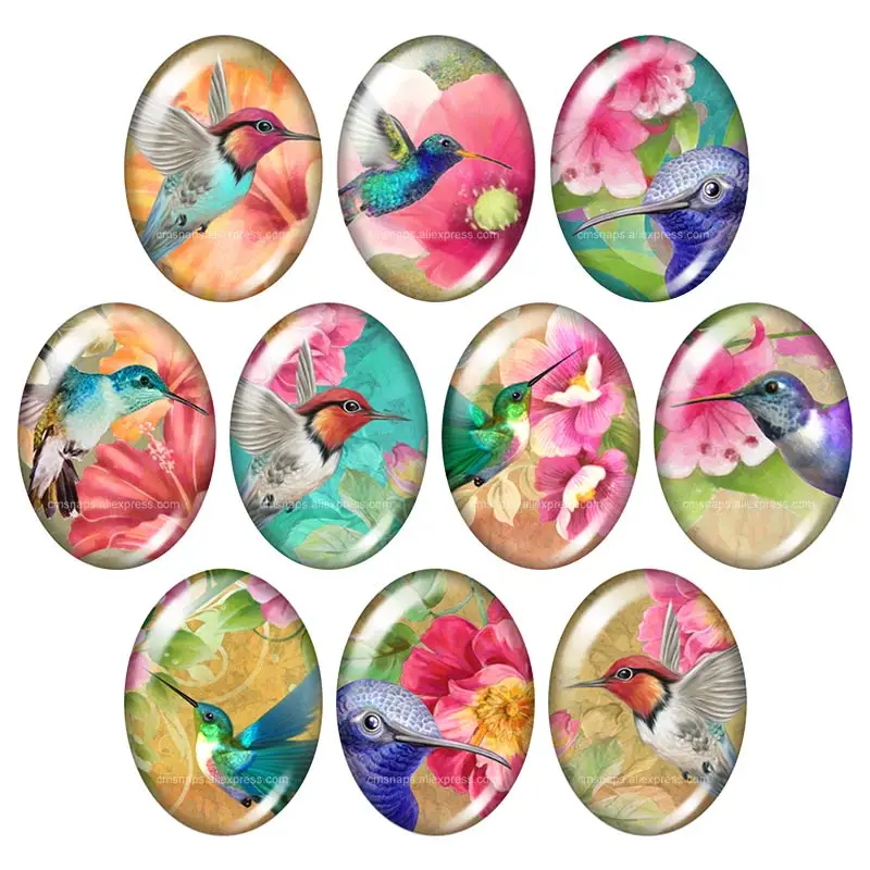 

Beauty Flowers Hummingbird birds 10pcs 13x18mm/18x25mm/30x40mm mixed Oval photo glass cabochon demo flat back Jewelry findings