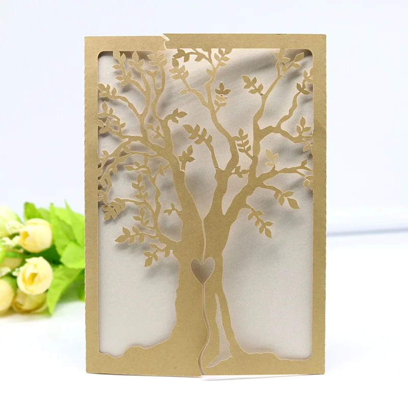 10pcs Gold Laser Cut Wedding Invitations Card Elegant Tree Leaf Greeting Card Business Birthday Wedding Party Favor Decorations