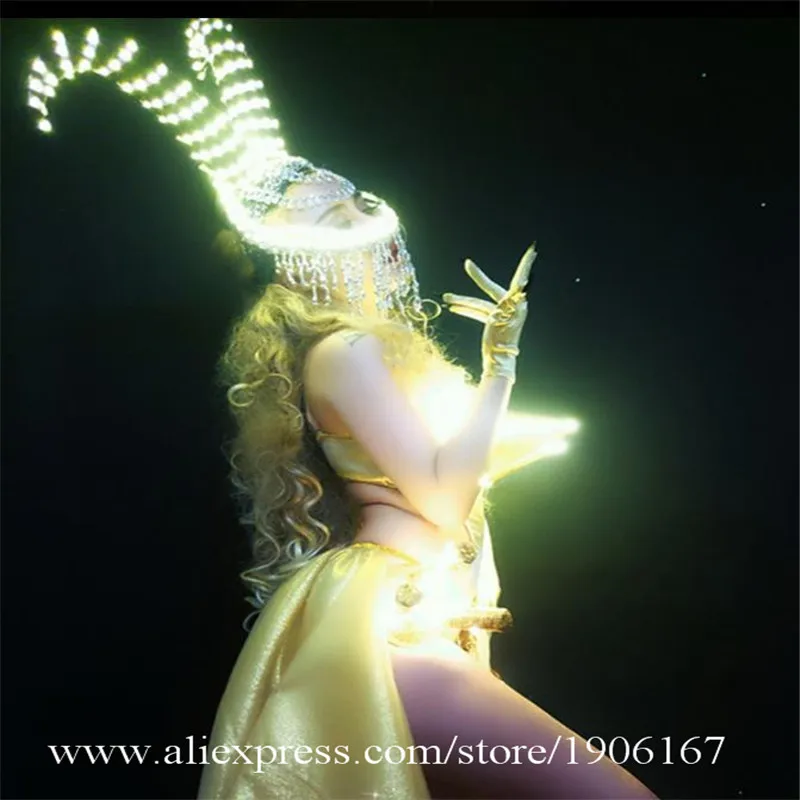 Fashion Led Light Sexy Lady Costume Party Evening Dress Led Luminous Horn Headdress Stage Performance Clothes Led Lighting Suit