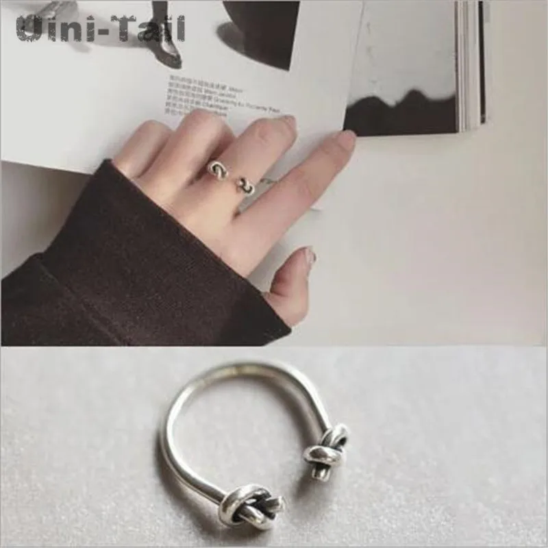 Uini-Tail hot new 925 Tibetan silver creative retro knotted opening ring European and American fashion tide flow jewelry  JZ088