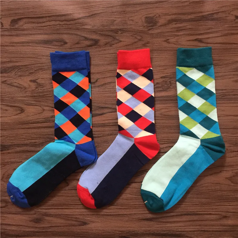 Rhomboid Lattice Vintage Harajuku Contrast Color Men Happy Socks Fashion Funny Hip Hop Street Casual Cotton Socks Autumn Winter