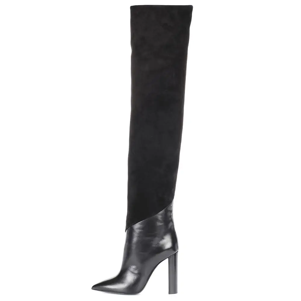 Black Pointed Toe Women Chunky High Heel Winter Over The Knee Long Boots Slip on Pointy Stylish Heeled Boot Plus Size 45