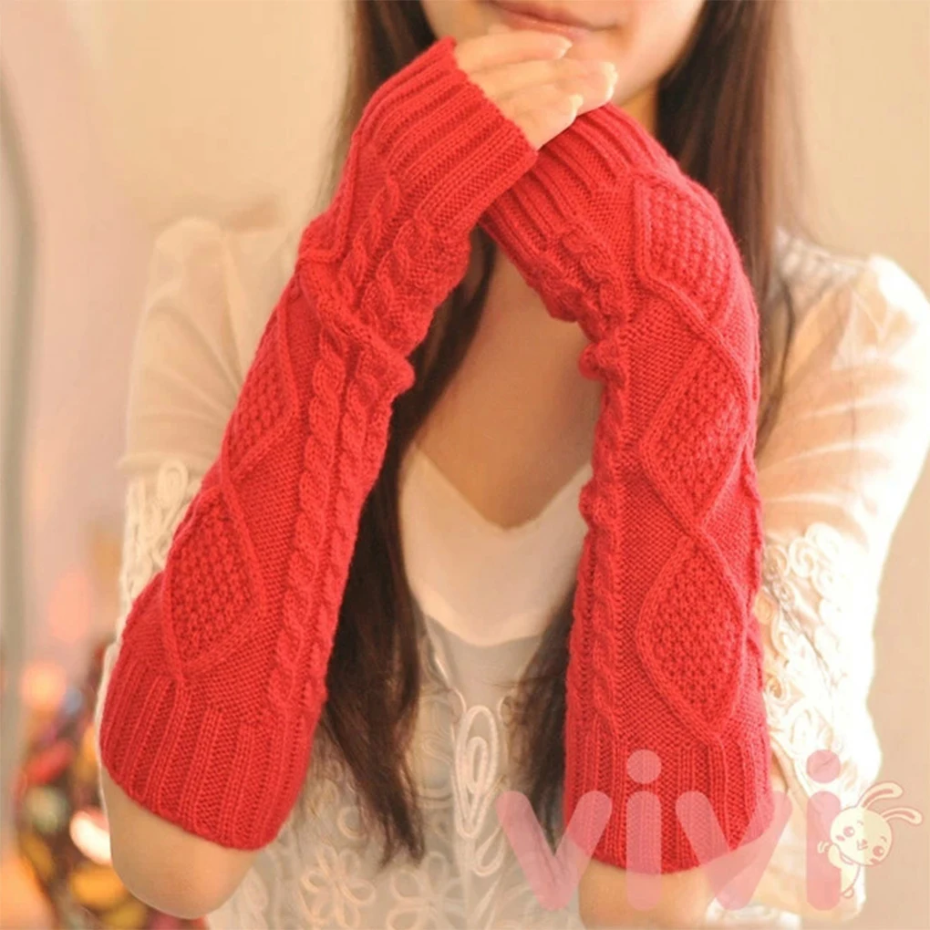 1 Pair Women Arm Warmer Fingerless Winter Cold Weather Hand Wrist Sleeve Solid Color Dressing Outdoor Gloves Casual