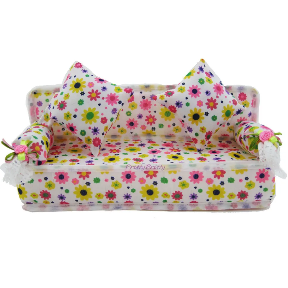 1 Set Mini Doll Sofa Plush Stuffed Furniture Flower Print Baby Toy with 2 Cushions for Barbie Doll Accessories Couch Doll Toys