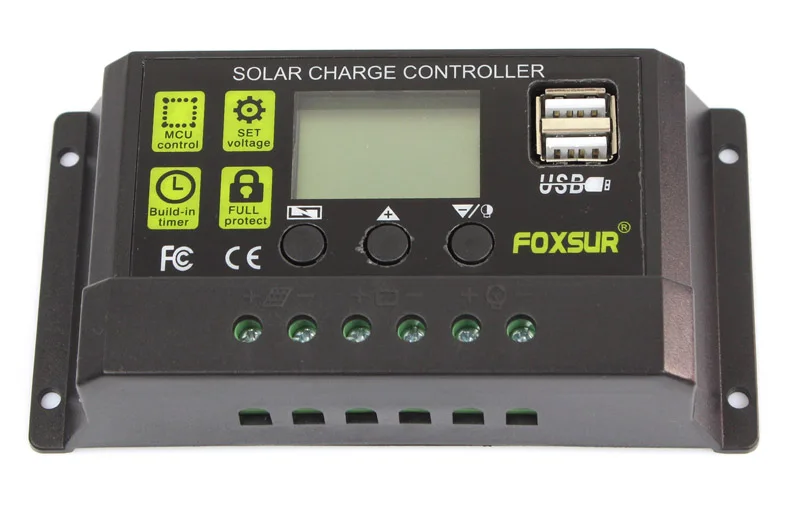 FOXSUR  Solar Charge Controller 12V 24V Auto LCD Display with Dual USB 5V Output  30A 20A 10A PWM Solar Charger Regulator