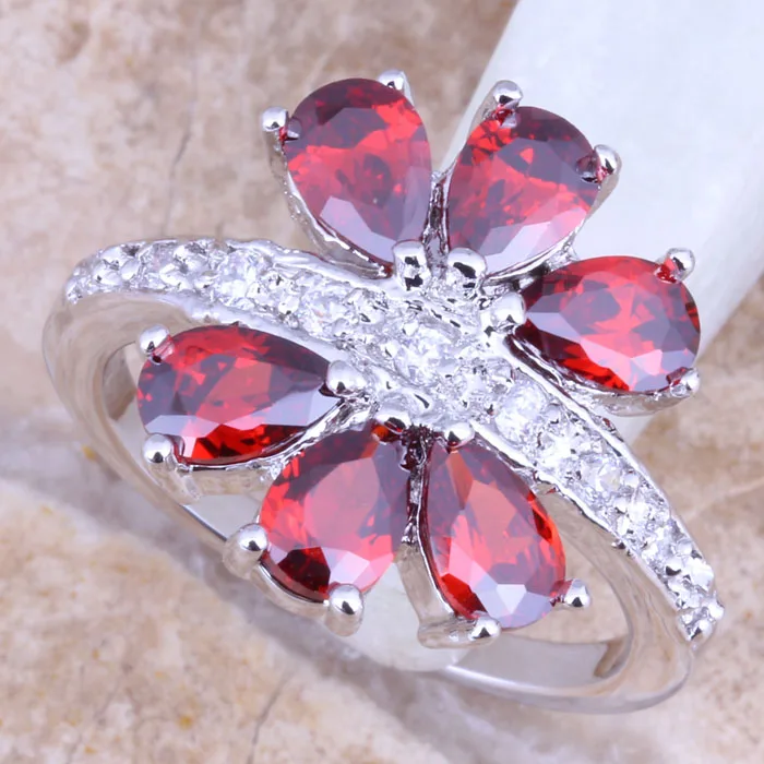 Dazzling Red Garnet White CZ Silver Plated  Women's Ring Size 6 / 7 / 8 / 9 R1414