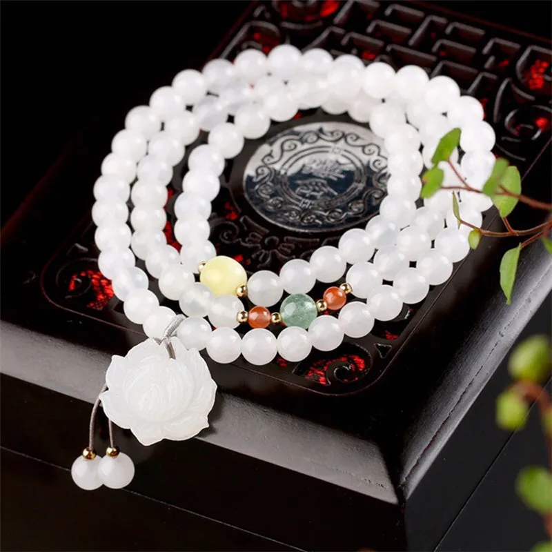 Chalcedony Agates Multi-layer Bracelet Men Woman Accesories Rosary Necklace Buddhism Bracelet Natural Stone Lotus Charm