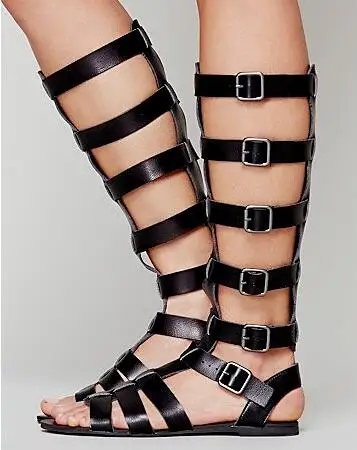 

Women fashion gladiator boots knee high with open toe buckle strap cutouts design slingbacks shoes ladies Summer flat sandals