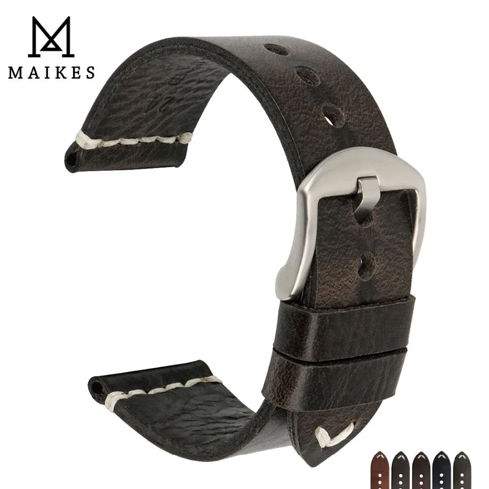 MAIKES New Design Special Oil Wax Cow Leather Watch band 20mm 22mm 24mm Watch Accessories Watch Strap Black Watchband For SEIKO