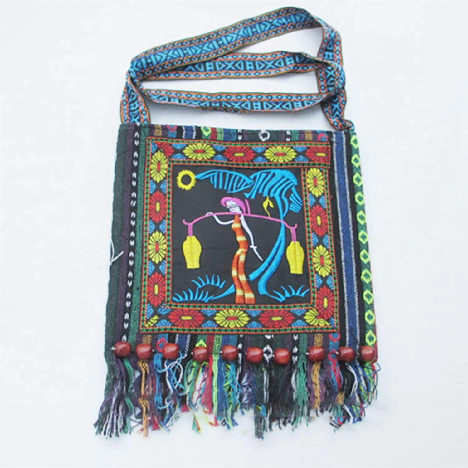 DCOS Hmong Vintage Chinese National Style Ethnic Shoulder Bag Embroidery Boho Hippie Tassel Tote Messenger