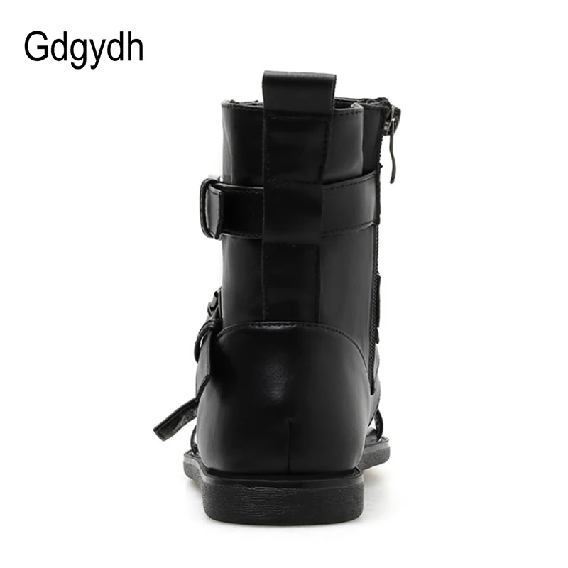 Gdgydh Belt Buckle Women Vintage Gladiator Sandals Lady Beach Shoes Leather Flat Summer Bandage Black Solid Open Toe Ankle Wrap