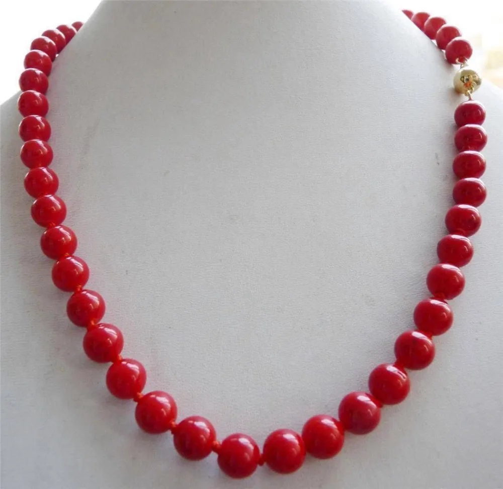 

Nobility Lucky women natural SOLID CLASP 10mm Red Sea Coral Gems Round Bead Necklace -jewelry -jewelry