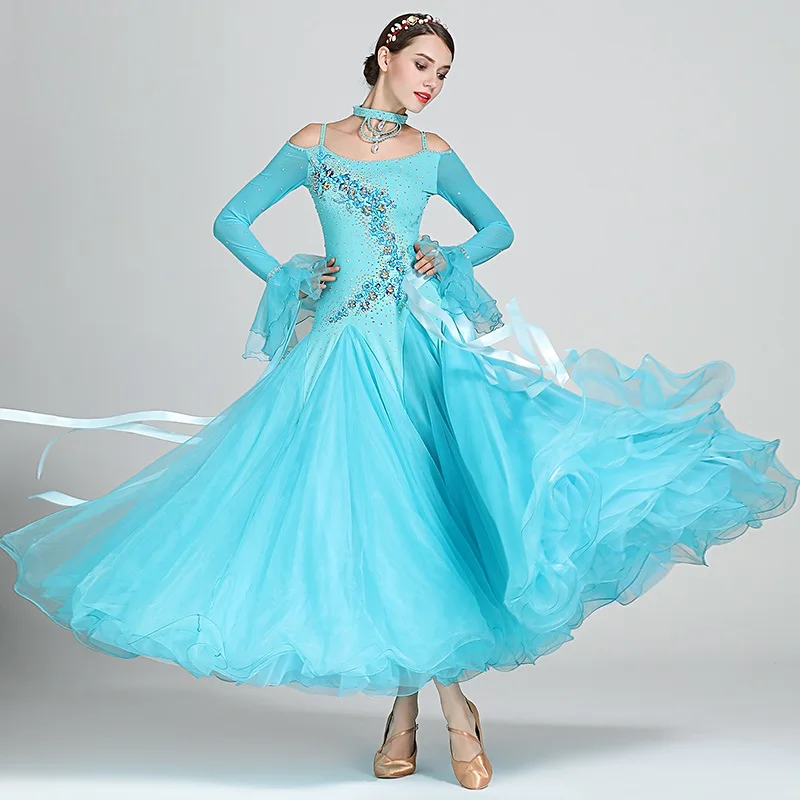 Vestido de baile de salón con flecos, traje de competición de Vals, Foxtrot, traje de Rumba, cinta azul con hombros descubiertos