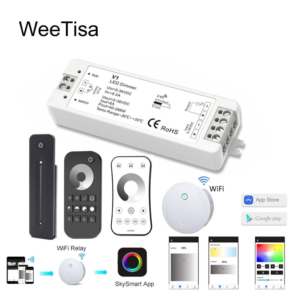 

LED Dimmer 12V 24V 2.4G PWM Touch RF Wireless Remote Controller 5V 36V Single Color LED Strip Light Smart Wifi Dimmer Switch