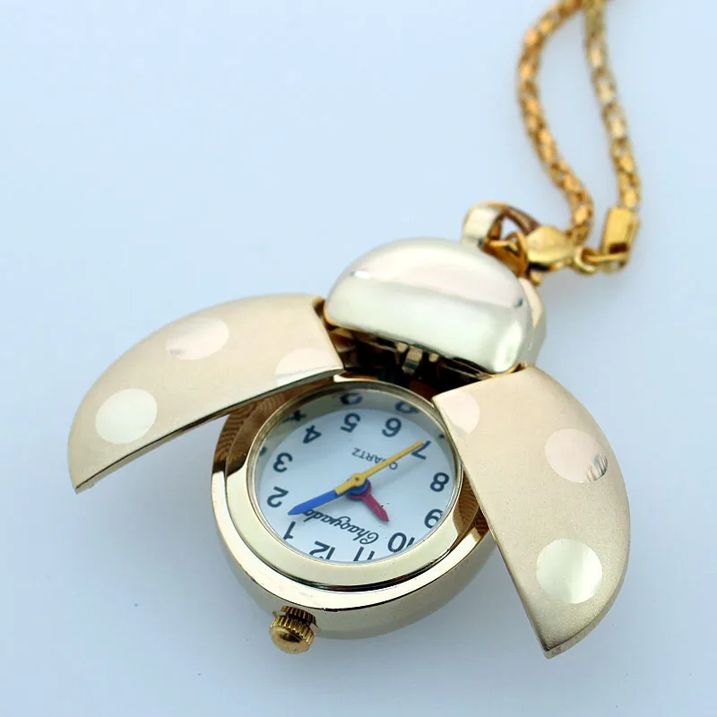 Bulk 10pcs/Lot Gold Ladybug Beetle Necklace Pendant Pocket Quartz Watch Chain Battery Included Gift GL02GT