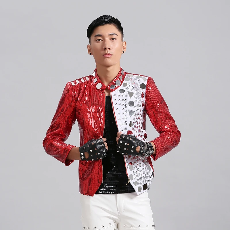 Nightclub Male Singer Bar DJ Rock Punk Red Sequins Reflective Lens Rivets Coat Men Performance Costumes Jazz Jacket DNV10074